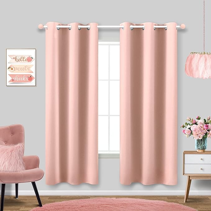Blush Muted Pink Curtains 72 Inches Long for Kids Room Set 2 Panel Window Blackout Drape Insulated Thermal Darken Rose Gold Curtains for Christmas Bedroom Living Room Girl Baby Nursery Little Princess