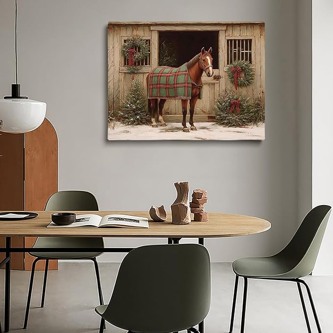 Rustic Christmas Horse Wall Art Prints,Country Holiday Farmhouse Decor,Winter Horse Print
