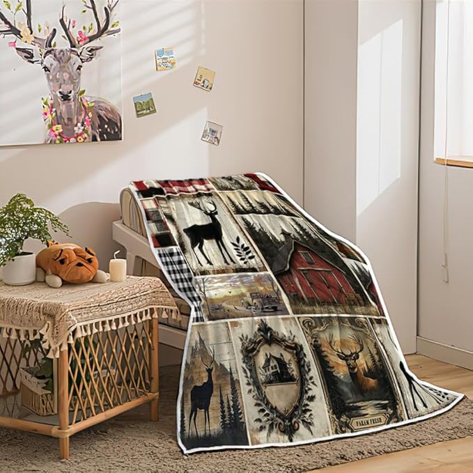 Rustic Cabin Throw Blankets, Farmhouse Animal Deer Cozy Warm Bed Couch Blanket, Plaid White Fleece Flannel Throws to Decorate The Room and Bedroom