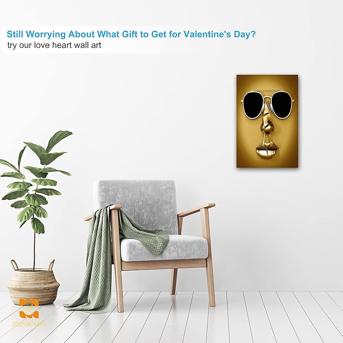 3D Metal Effect Wall Art - 3D Wall Art Decor Artwork Wear Sunglasses Golden Figure Statue Modern Art Canvas Painting, Large Wall Art for Bedroom Dercorations Framed 12”x18”x1Pcs