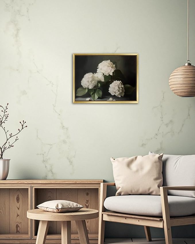AIMAILON Vintage Gold Canvas Wall Art Framed Decor Classical Botanical Aesthetic Picture Blooming White Hydrangea Flowers Artwork Retro Light Boho Print Desktop Decoration 12x16