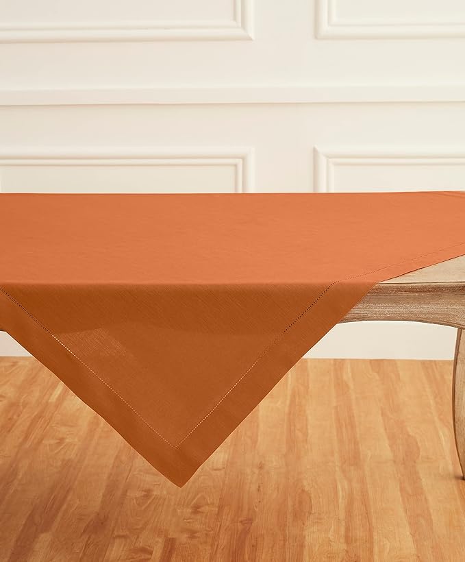 Solino Home Linen Square Tablecloth 52 x 52 Inch - 100% Pure Linen Pumpkin Table Throw - Classic Hemstitch, Machine Washable Table Cloth for Fall, Autumn, Thanksgiving, Holiday