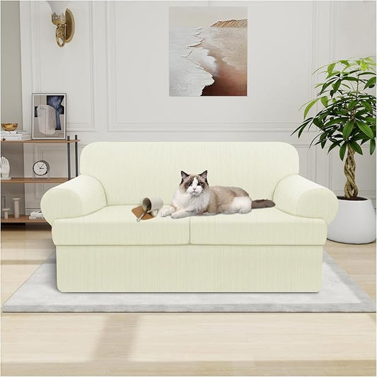 Waterproof Loveseat Cover 3-Piece Set Striped Slipcover for 2 Separate T Cushion Couch - TPU Fabric 2-Seater Sofa Covers Leakproof Couch Protector for Kids, Pets(Loveseat, Ivory)