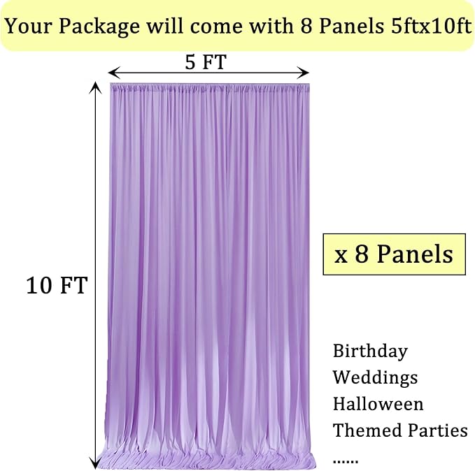 40ft x 10ft Wrinkle Free Lavender Backdrop Curtains for Parties, 8 Panels 5x10ft Polyester Purple Backdrop Drapes for Wedding Party Background Birthday Decoration