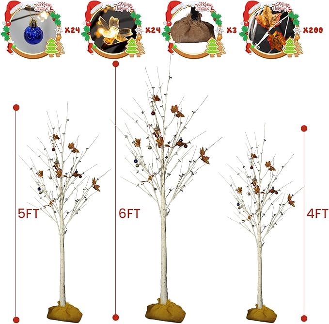 Recaceik Set of 3 Lighted Birch Trees 4FT 5FT 6FT, Christmas Decorations with Warm White LED Lights & Cherry Blossom, Fairy Light Spirit Tree for Indoor Outdoor Christmas Home Decor