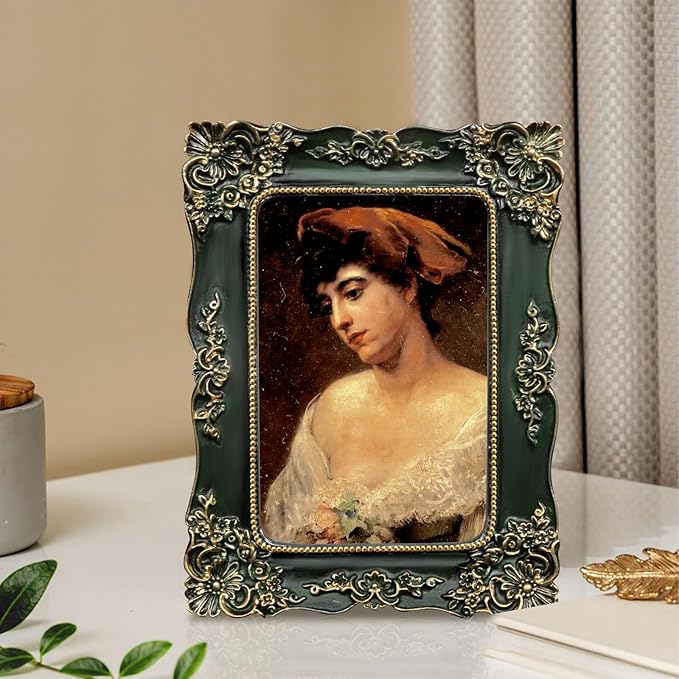 Green Picture Frame 4x6 Vintage Picture Frames Antique Ornate Baroque Victorian Handcrafted for Tabletop or Wall Display with Glass Front
