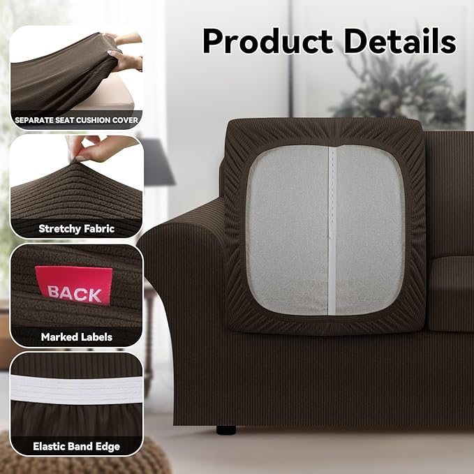 100% Waterproof Extra Large Couch Cover 4-Piece Set Striped Sofa Slipcovers for 3 Cushion Couch Covers with TPU Leakproof Bottom Stretch Protector Pet Proof - Sofa(3-Cushion), Brown