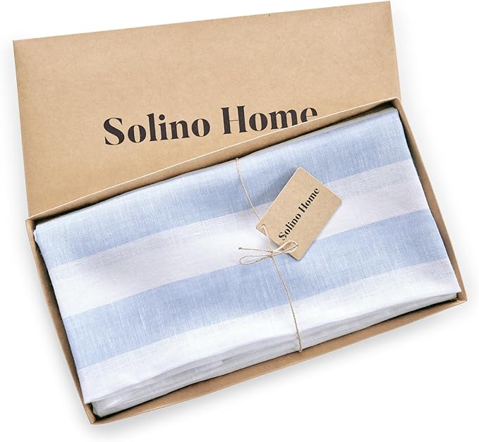 Solino Home Linen 60 Inch Round Tablecloth - Cabana Stripe, 100% Pure Linen Sky Blue and White Round Tablecloth - Machine Washable Table Cloth for Christmas