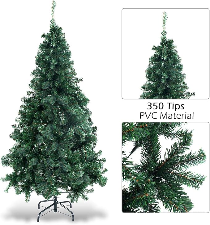 GOFLAME 5FT PVC Artificial Green Christmas Tree Home Holiday Décor with Metal Stand 350 Branches Holiday Indoor Decoration, Easy to Assemble
