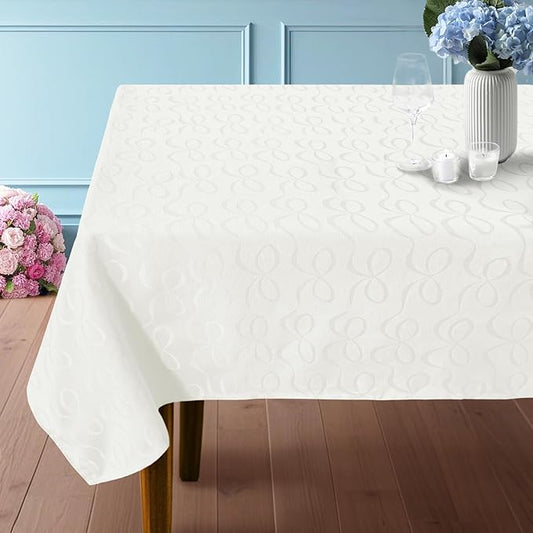 Off White Fabric Table Cloth Rectangle, 1PC Washable Tablecloth 60"x84" (Seats 6-8) - Cotton Blend - Wedding Tablecloths for Reception, Reusable Table Cover for Birthday Party, Luxury Bows Jacquard