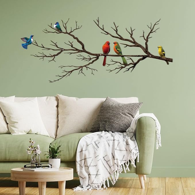 Metal Birds Wall Art, Metal Vivid Birds on Branch Silhouette Wall Decor Black Leaves with Bird Outdoor Hanging Wall Sculpture for Home Balcony Garden (Vintage Color, Small)
