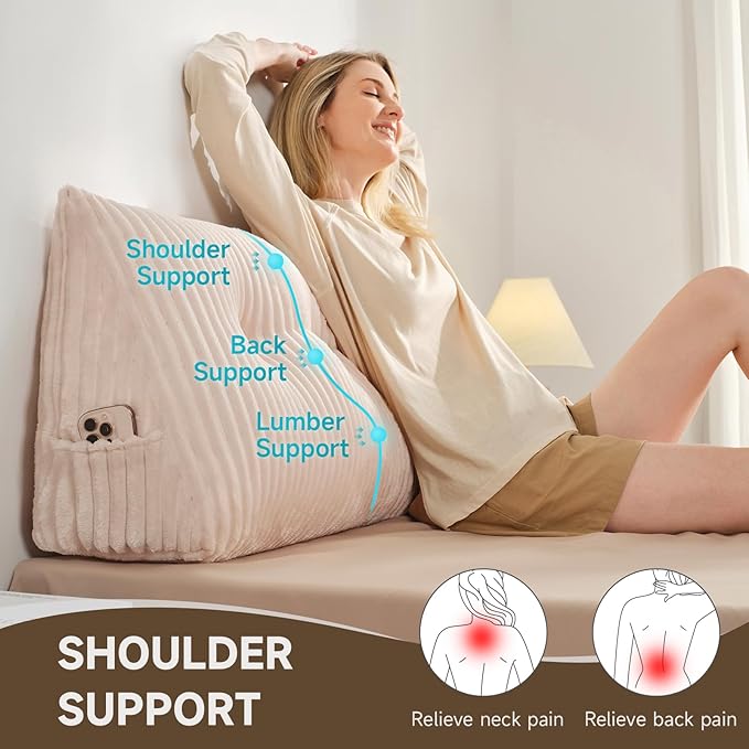 Z-hom Twin Headboard Pillow, Triangular Wedge Reading Pillow for Bed or Sofa, Ergonomic Backrest Cushion for Sitting Up, Reading or Relaxing, with Side Pocket，Removable Washable Cover,Beige Cream