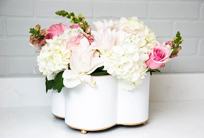 Jaye's Studio Mattie White Quatrefoil Planter, White Metal Cachepot, Decorative Flower Pots, Indoor Plant Pots for Living Room, Bedroom, Kitchen, Office, Luxury Home Decor, Clover Shape, 8 inch