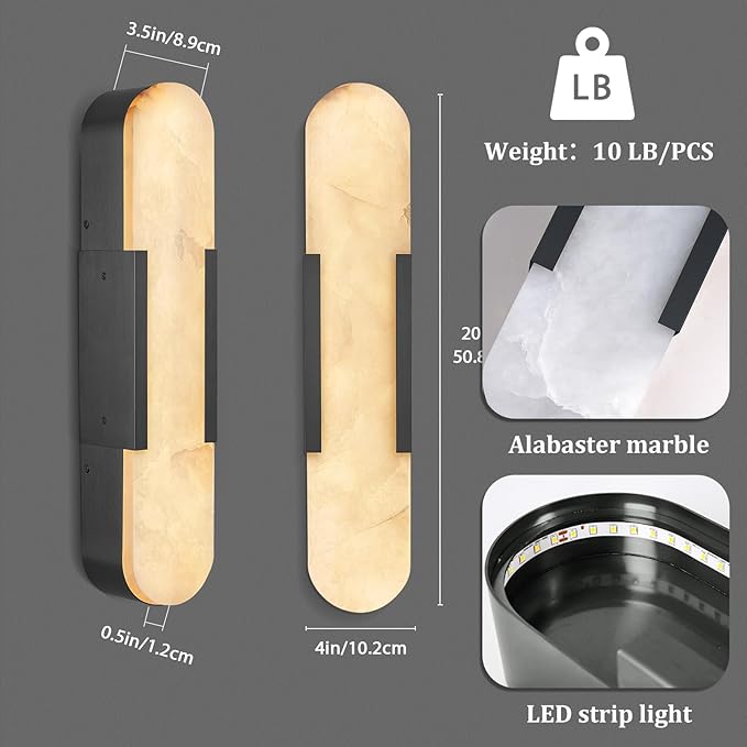 Alabaster Wall Sconce, 20" Natural Marble Wall Sconce, Black Alabaster Sconces Set of Two, Indoor Modern Bathroom Sconces Wall Lighting for Living Room, Bedroom, Hallway, Stairs