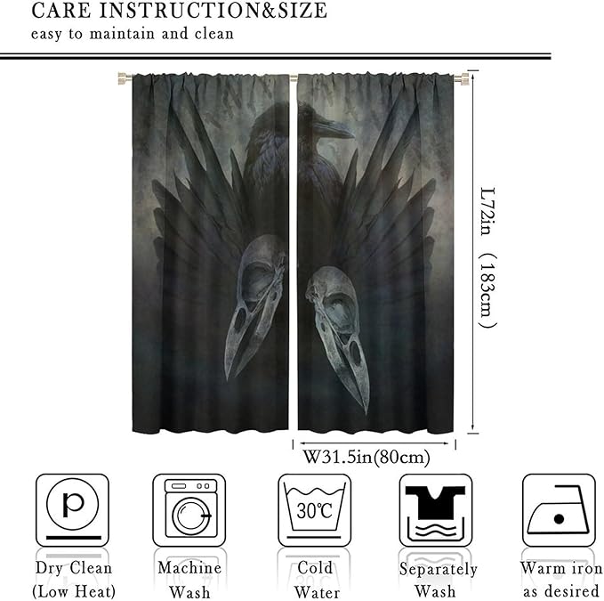 Gothic Blackout Window Curtains, Halloween Black Raven Crow Black Dark Wings Rod Pocket Window Treatments Drapes, for Living Room Bedroom 31.5(W)*72(L) 2 Panels