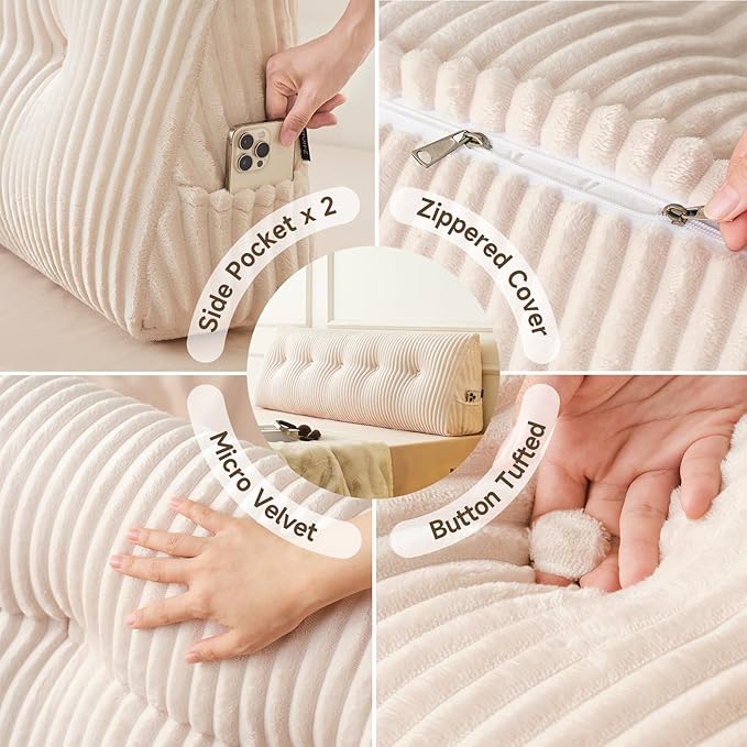 Z-hom Queen Headboard Pillow, Triangular Wedge Reading Pillow for Bed or Sofa, Ergonomic Backrest Cushion for Sitting Up, Reading or Relaxing, with Side Pocket，Removable Washable Cover,Beige Cream