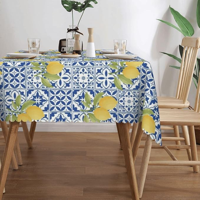 Blue Tiles Lemons Table Cloth for Dining Tables, Reusable Mexican Patchwork Tile Tablecloths Decoration Kitchen Summer Fruit Yellow Rectangle Table Cover for Holiday,Party,Picnic, 54x72Inch