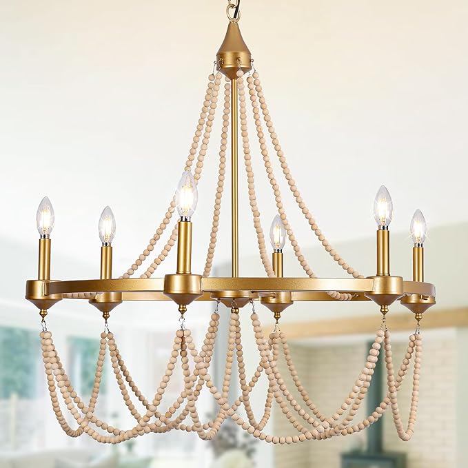 COCOSTAR Elegant Beaded Chandeliers for Dining Room,28 Inch Gold Wagon Wheel Light Fixture,Farmhouse Modern Chandelier for Coastal Bohemia Room,6xE12