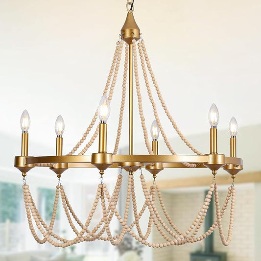 COCOSTAR Elegant Beaded Chandeliers for Dining Room,28 Inch Gold Wagon Wheel Light Fixture,Farmhouse Modern Chandelier for Coastal Bohemia Room,6xE12