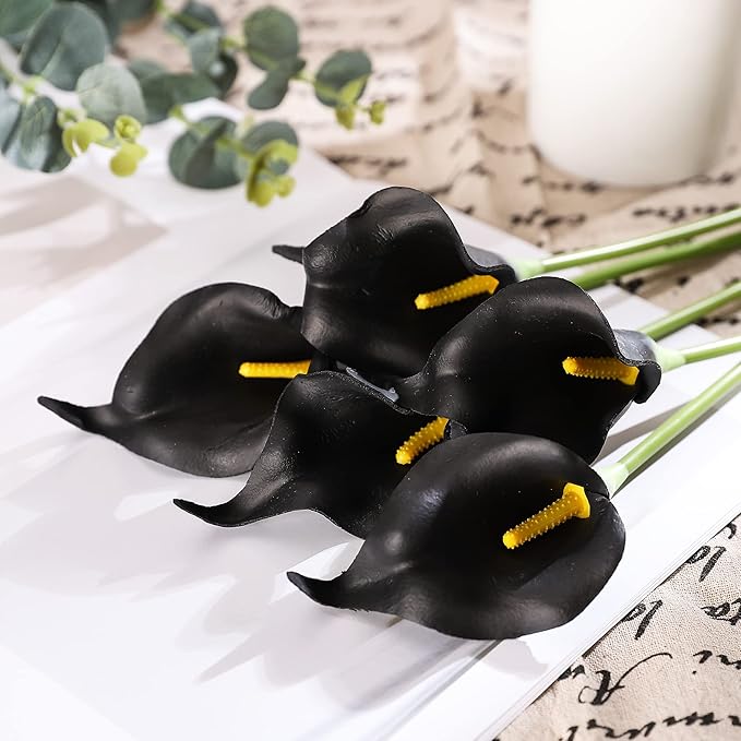 Duovlo 20pcs Calla Lily Bridal Wedding Bouquet Lataex Real Touch Artificial Flower Home Party Decor (Black)