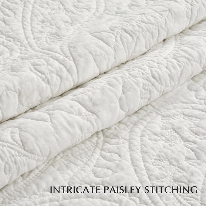 EVERGRACE 100% Cotton Paisley Quilt Set, Queen Size 3 Piece Set – Prewashed Lightweight Bedspread with 2 Shams, Soft & Breathable Matelasse Coverlet for All-Season Comfort, Bright White