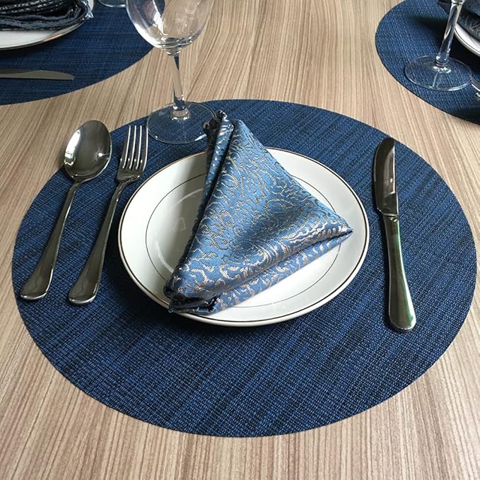 WAZAIGUR Round Placemats Set of 4 Woven Vinyl Easy to Clean Heat Resistant Kitchen Table Mats 15 Inch(Navy Blue 4)