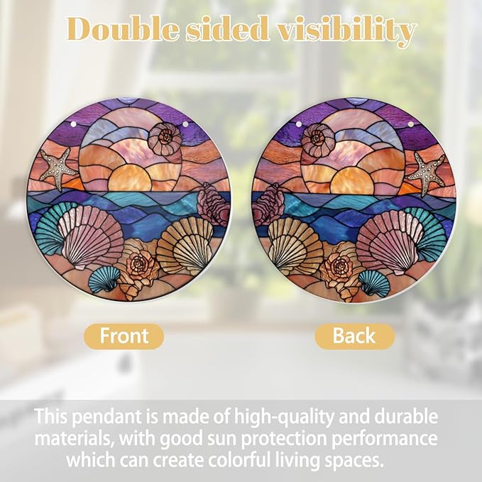 Coastal Seashells & Starfish at Sunset, 1PC Stained Glass Styles Acrylic Hanging Ornaments, 8×8inch Decorative Signs, Acrylic Suncatcher for Nautical Home Decor, Gifts, Garden, Wall Art