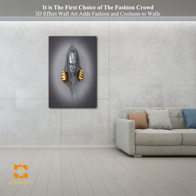 HIPOCAPO 3D Metal Effect Wall Art - Decor Artwork Silver Figure Statue Modern Canvas Painting, Framed Gold for Living Room 28''x40''x1Pcs