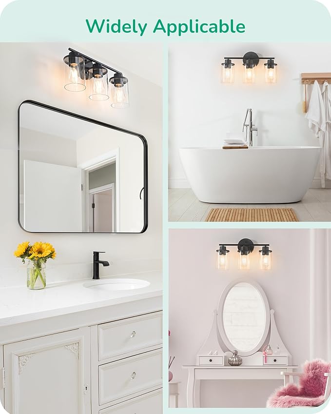 EDISHINE Bathroom Light Fixtures, 3 Light Bathroom Vanity Light, Matte Black Bathroom Lights Over Mirror with Clear Glass Shade for Bedroom Powder Room Vanity Table Kitchen (E26 Base)