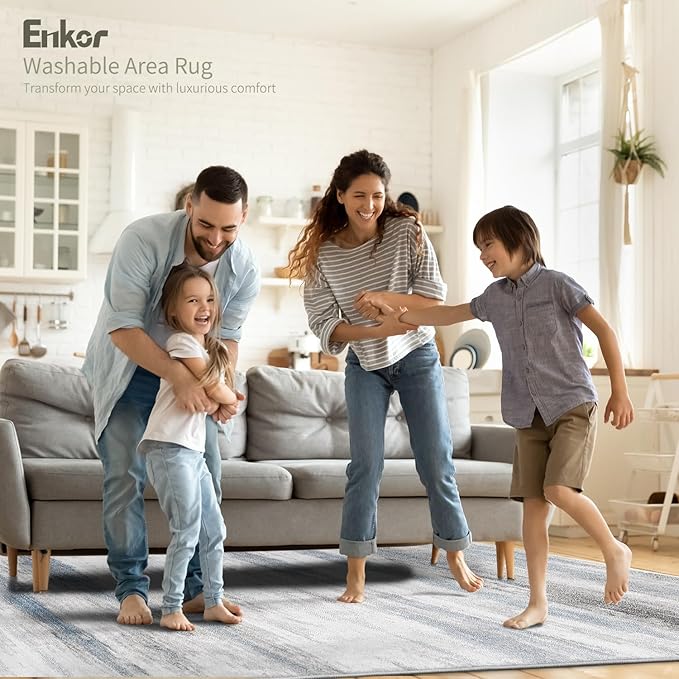 Enkor Area Rug 4x6 Washable Non Slip Abstract Soft Rug for Living Room Bedroom, Modern Mat for Kitchen Entryway Blue & Grey