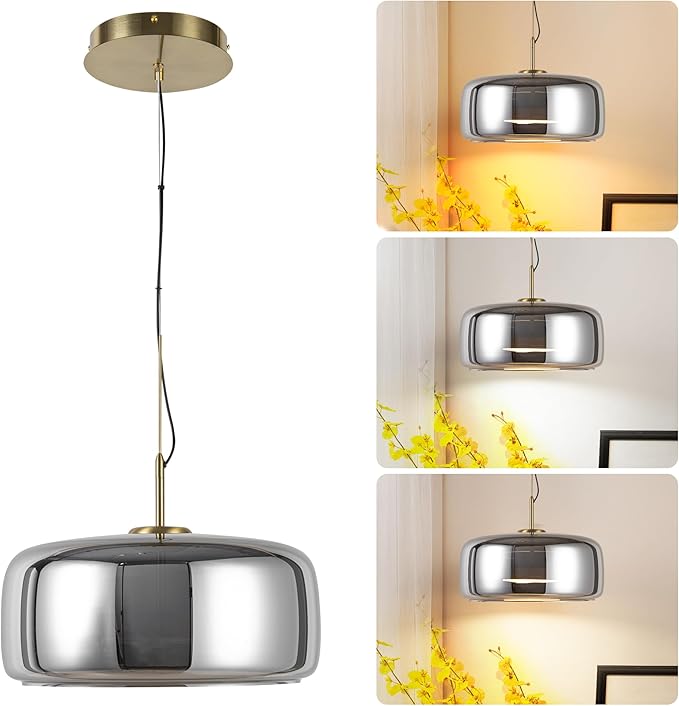 Modern Glass LED Pendant Light with Remote,15'' Stepless Dimmable & CCT Adjustable Hanging Height, 25W Modern Gold Finish for Dining Room, Living Room, Bedroom, Ash Gray