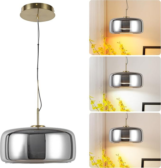 Modern Glass LED Pendant Light with Remote,15'' Stepless Dimmable & CCT Adjustable Hanging Height, 25W Modern Gold Finish for Dining Room, Living Room, Bedroom, Ash Gray