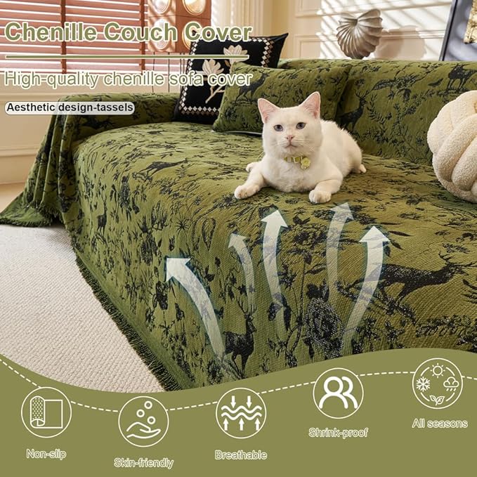 ROOMLIFE Green Couch Cover Sofa Covers, Chenille Couches Covers for 3 Cushion Sofas, Non Slip Soft Breathable Sofa Slipcovers for Pet, Washable Furniture Protector with Tassel,71''X134”