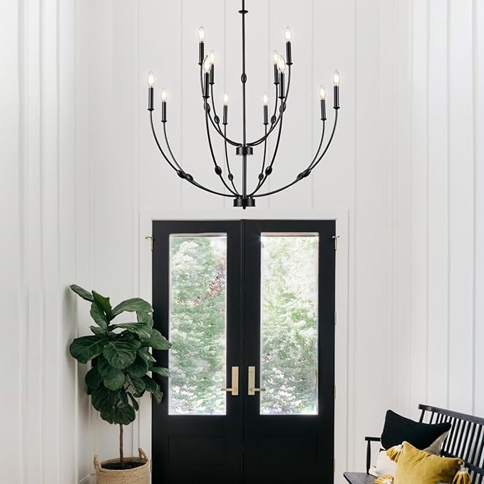 12-Lights Black Farmhouse Chandelier for Living Room, 35 Inch 2-Tiers Large Chandeliers for High Ceilings, Modern Rustic Candle Chandelier for Foyer Entryway