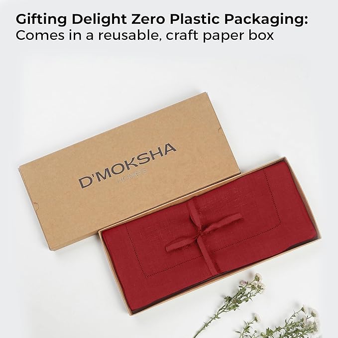 D'Moksha Homes Linen Red Table Runner 72 Inches Long - 100% Pure Linen Hemstitch Table Runner 14 x 72 Inch for Dresser, Dining, Winter, Christmas, Holiday - Classic Hemstitch