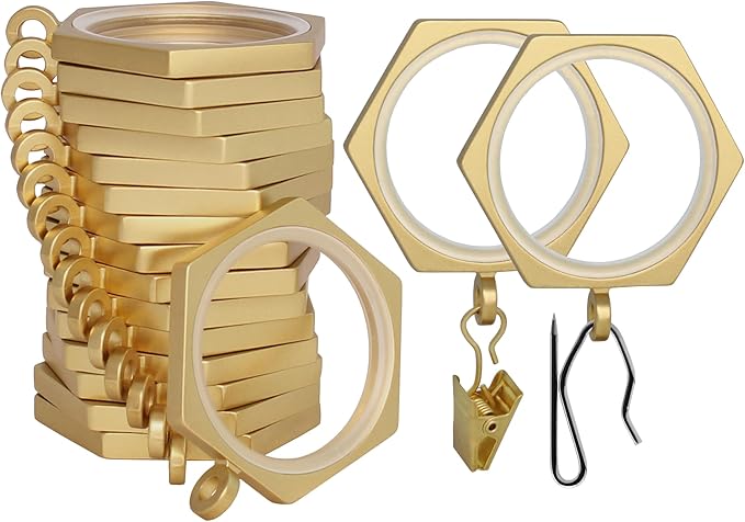 BlastHome® Luxury Curtain Rings - Premium Metal with Quiet, Smooth Nylon Inserts - Pinhooks and Clips Included - 1 1/2" Inside Diameter - 18 Rings for Two Standard Curtains - Brushed Gold