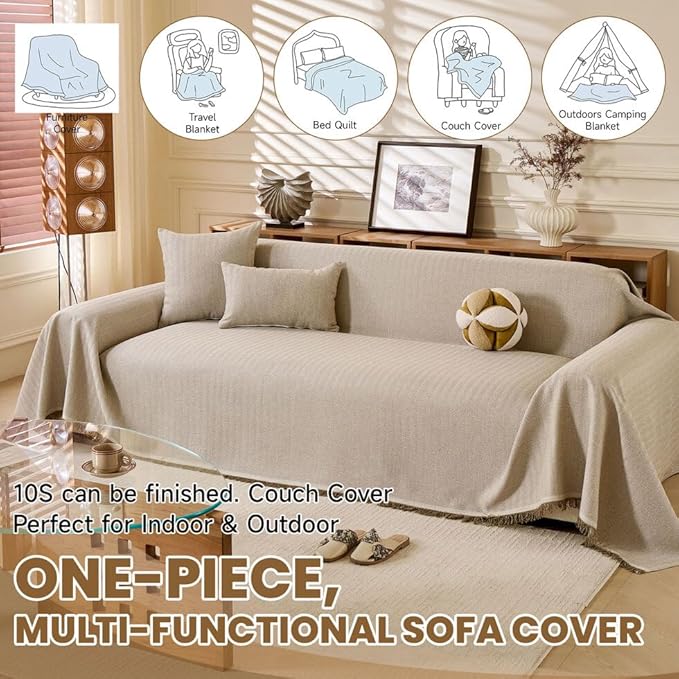 ROOMLIFE Boho Khaki Couch Covers for 3 Cushion Sofa, Couch Cover Sectional Sofa Cover for Dog, Washable Furniture Sofa Protector Cover Soft Blanket with Tassel for Living Room, 71''X118''