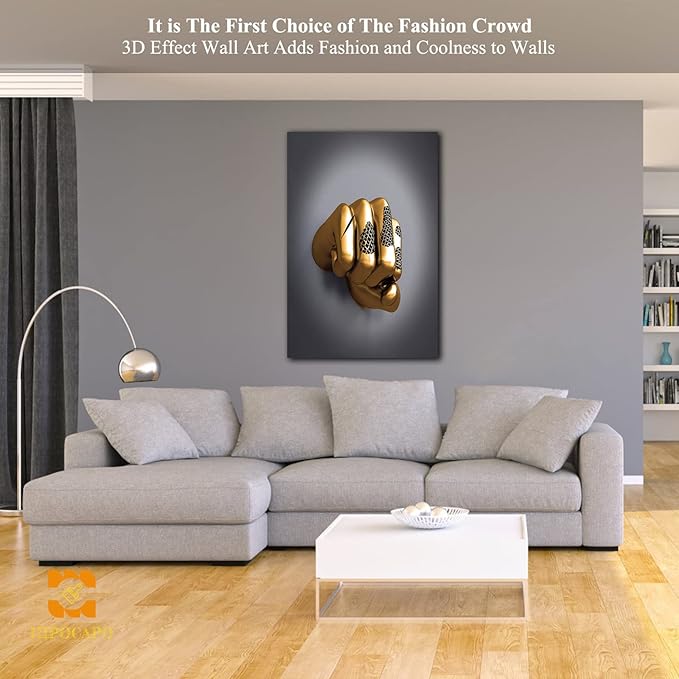 3D Wall Art - Abstract 3D Metal Effect Canvas Wall Art, 3D Modern Wall Art for Office, Golden Boxer Gesture 3D Art Wall Decor for Modern Bedroom Decor Framed 24”x36”x1Pcs
