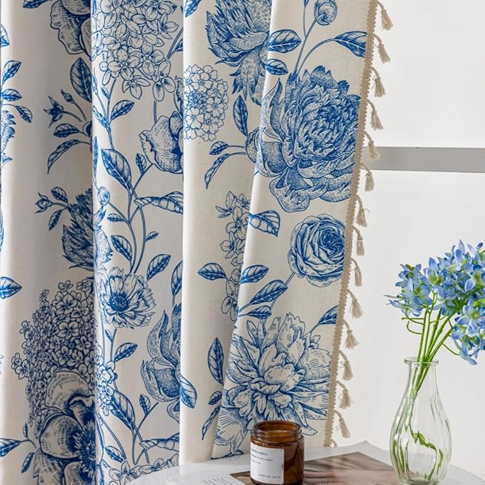 F-CHU Blue Floral Farmhouse Curtains Living Room Drapes 84 Inch Length Cotton Linen Boho Window Curtain with Tassel Rod Pocket Bedroom Macrame Drapes Flower Curtains, 2 Panel Blue Curtain