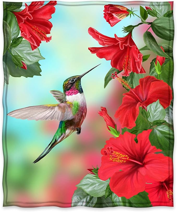 Jekeno Spring Hummingbird Floral Blanket Gifts for Women Kids Girls Mom Wife Birthday Mother's Day Presents Red Flowers Bird Decor for Home Bed Bedroom Soft Cozy Plush Throw Blanket 50"x60"