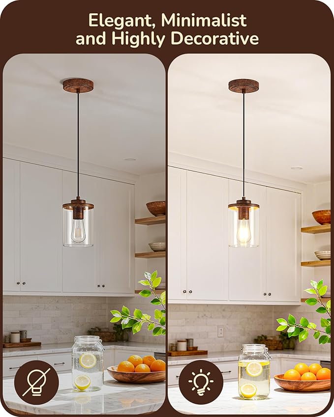 EDISHINE Modern Pendant Lights Kitchen Island, Clear Glass Shade, Farmhouse Adjustable Hanging Light with Wooden Grain Finish, E26 Base, Hardwired, for Dining, Sink, Bathroom, Hallway, Walnut, 2 Pack