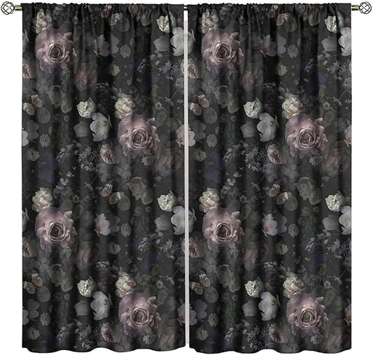 Gothic Floral Blackout Window Curtains, Retro Black Flower Rustic Watercolor Vintage Plant Boho Halloween Window Drapes, for Home Bedroom Living Room 21(W)*54(L) 2 Panels