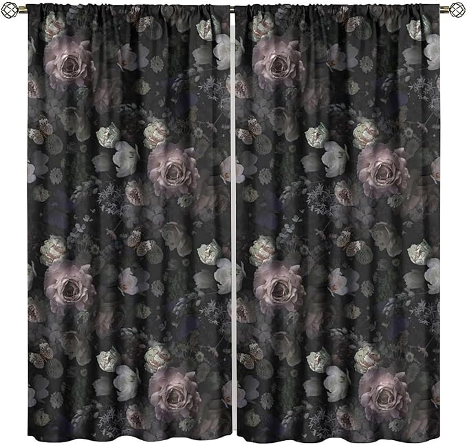 Gothic Floral Blackout Window Curtains, Retro Black Flower Rustic Watercolor Vintage Plant Boho Halloween Window Drapes, for Home Bedroom Living Room 42(W)*84(L) 2 Panels