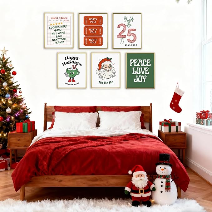WINDVALE Retro Christmas Wall Art Prints –Vintage Holiday Posters with Santa, North Pole Tickets & Festive Quotes,Christmas Decorations for Living Room, Kitchen & Fireplace(8×10 Unframed)