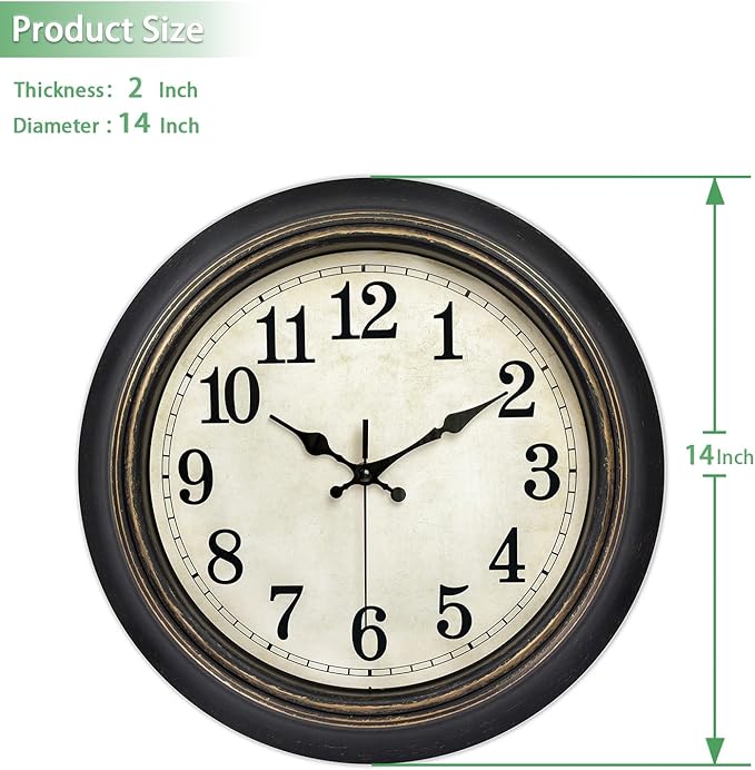 45MinST 14 Inches Retro Wall Clock, Silent Non Ticking Battery Operated Movement, Home/Wall Decor, Easy to Read, Decorate Bedroom/Living Room/Office with Arabic/Roman(Arabic)