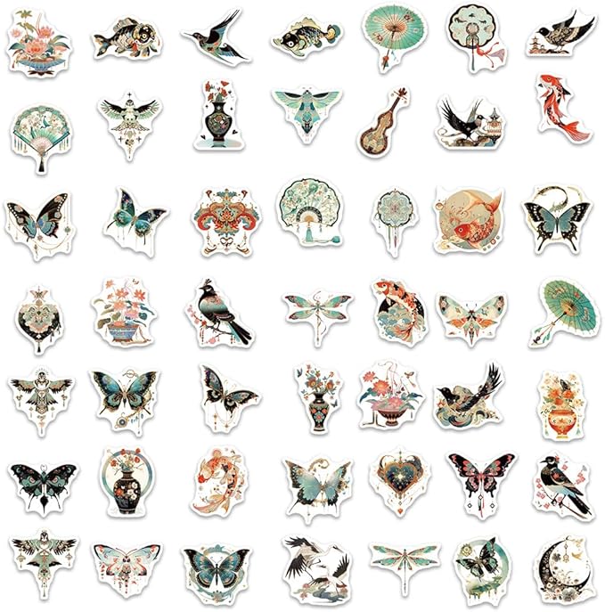 Vintage Chinoiserie Art Stickers - 50Pcs Vinyl Waterproof Chinese Elements Aesthetic Stickers for Water Bottle,Laptop,Scrapbooks,Tumblers