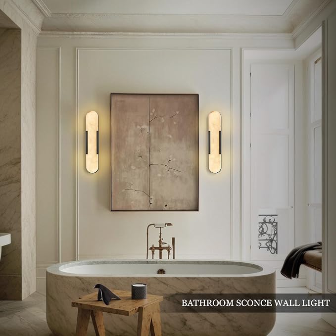 Alabaster Wall Sconce, 20" Natural Marble Wall Sconce, Black Alabaster Sconces, Indoor Modern Bathroom Sconces Wall Lighting for Living Room, Bedroom, Hallway, Stairs