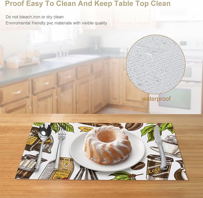 Coffee Time Placemat Set of 6, 12x18 Inch Rustic Coffee Cup Theme Beans Retro Vintage Farmhouse Washable Heat Resistant Table Mats for Outdoor Farmhouse Kitchen Dining Decor