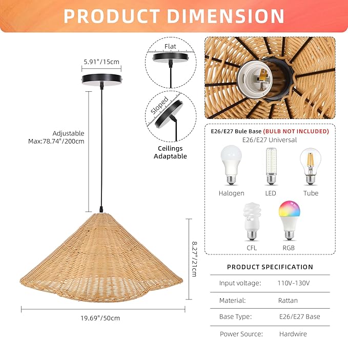 Arturesthome 19.6" Rattan Chandelier Boho Pendant Light,Hand Woven Pendant Lighting for Dining Room,Rustic Hanging Light Ceiling Light for Living Room Bedroom
