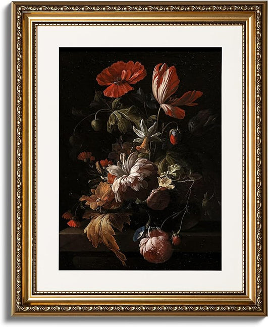 ARPEOTCY Vintage Gold Framed Wall Art, Retro Still life Floral Flowers in a Bowl Canvas Prints Artwork with Antique Frame, Victorian Wall Paintings Decor for Living Room Gallery, 13x16 inch